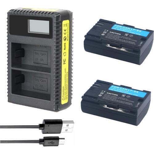 2pcs LP-E6 LP E6 LP-E6N Rechargeable Battery +LED Dual USB Charger for Canon EOS 6D 7D 5DS 5DSR 5D Mark II 5D 60D 60Da 70D 80D