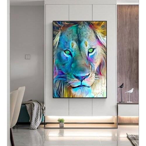 Watercolor Lion Animal Wall Art Nordic Colorful Animal 5D DIY Poured Glue Diamond Painting Kits Scalloped Edge Modern Decoration