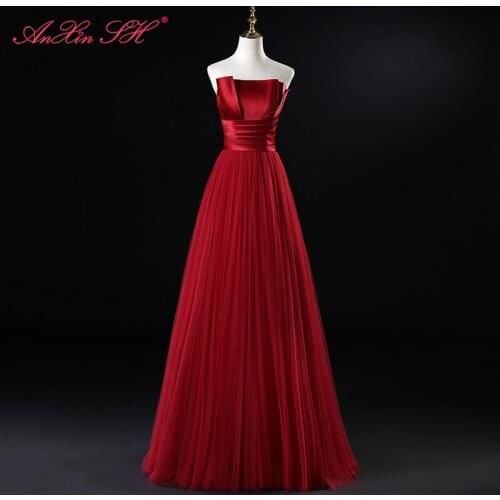 AXJFU princess red satin and lace evening Dress gradual dinner party strapless bride performance a line red long evening dress