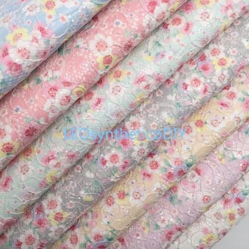 1PC 21X29CM Glitter Fabirc, Flowers Printed on Lace Glitter Leather, Glitter Leather Sheets For Making Bows R2042A