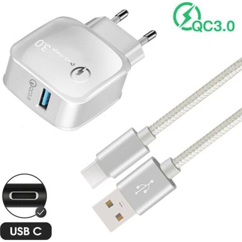 QC3.0 USB C Fast Charger EU Wall Adapter Type C Cable For Xiaomi Redmi Note 10 9 8 Pro Huawei honor Samsung Mobile Phone charger