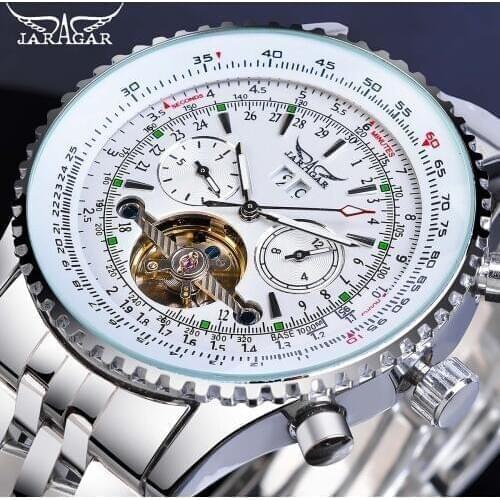 Jaragar Fashion Mens Mechanical Watch Tourbillon Automatic White Date Display Stainless Steel Strap Military Sport Clock Relojes