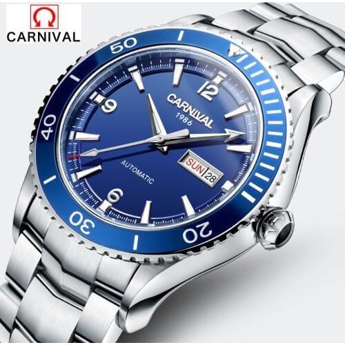 CARNIVAL Design Classic Mens Mechanical 50M Diving Series Waterproof Watches Stainless Steel Luxury Brand Watch Man Relogio