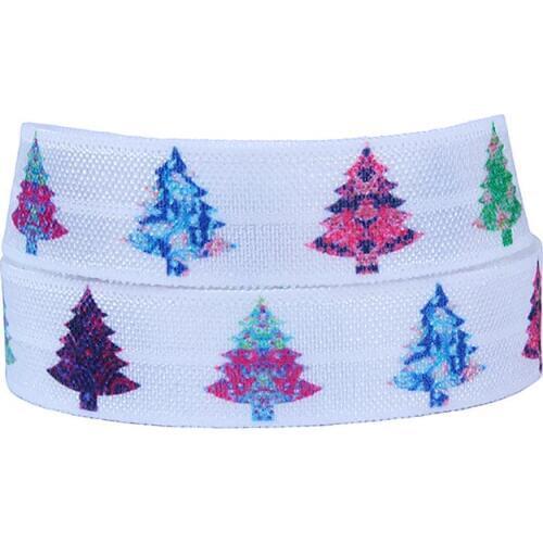 FLRA FOEWholesale 50 yards/lot 5/8" colorful Christmas trees printed foe fold over elastic ribbon for gift wrapped