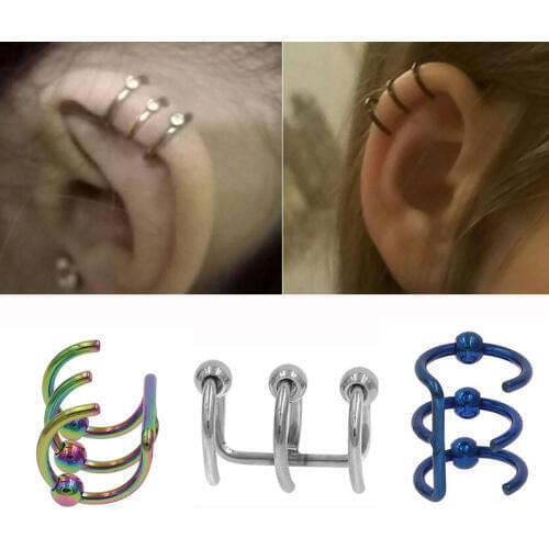 1Pc 3 Color Stainless Steel 2 Rings Color Ear Clip Cuff Women Men Fake Piercing Rings Finti Orecchio dilataciones falsas