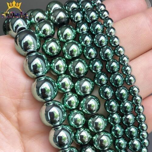 Green Plated Hematite Round Beads Natural Loose Stone Beads For Jewelry DIY Making Bracelet Accessories 15''Inches 3 4 6 8 10mm