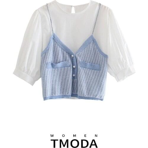 TMODA1307 2021 Summer Matching Short Sleeve Female T-shirt Korean Style Slim Fit Knitted Stitching Tee Fake Two Piece Casual Top
