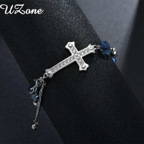UZone Trendy Heart Cross Crystal Bracelets For Women Fashion Jewelry Blue Heart Link Chain Bracelet Party Gift