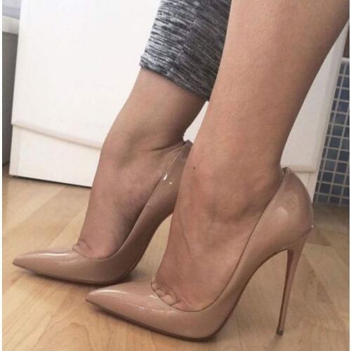 Moraima Snc Nude Patent Leather High Heel Shoes Celebrity Popular Shallow Pumps 12cm Stiletto Heels Shoe Wooman