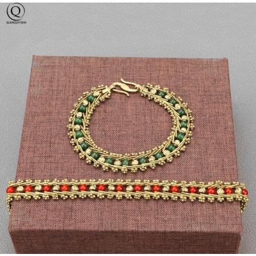 New Style Court Brass Bracelets Agate Beads Women Bangles Vintage Queen Chain Wristband Accesory Jewelry Lucky Bead Cuff Bracele