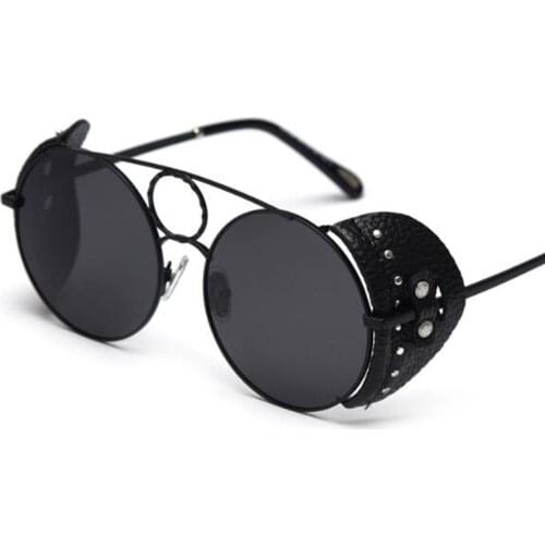 Vintage Oversized Steampunk Polarized Round Sunglasses Designer Brand Luxury Shades Women Black Leather Side Shield Glasses