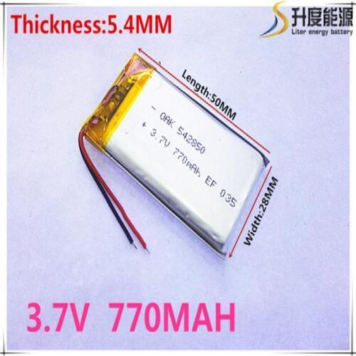 Free shipping Polymer battery 770 mah 3.7 V 542850 smart home MP3 speakers Li-ion battery for dvr,GPS,mp3,mp4,cell phone,speaker