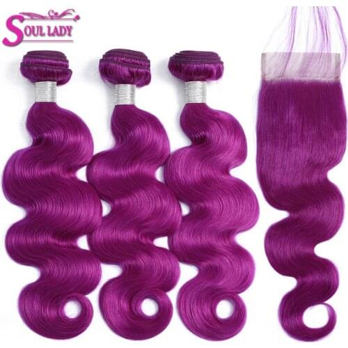 Soul Lady Pre Colored Purple Bundles With Closure Ombre Body Wave Human Hair Bundles With Closure Baby Hair Remy Brazilian Hair