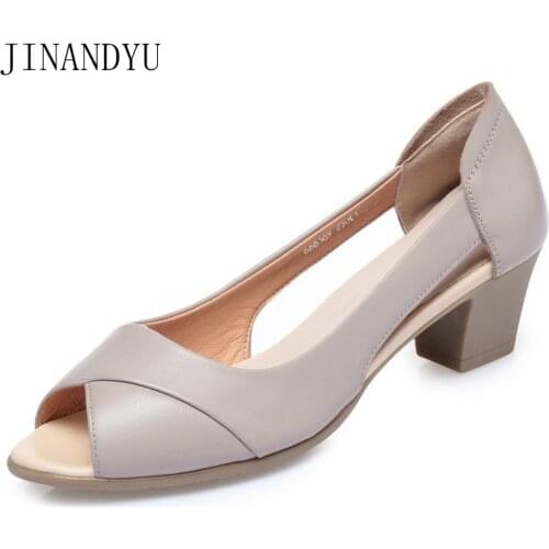 Leather Sandals Women Kitten Heels Comfy Shoes Women Summer Fashion Grey Block Heels for Party Sandali Eleganti Woman Heel Shoes