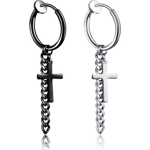 1Pair 2PC Hip Hop Black Titanium Steel No ear hole Mens Women Tassel Earrings Trendy Cross Clip Earring Male Female Rock Jewelry