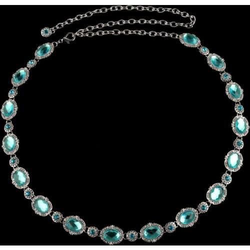 Bling Womens Lake Blue Rhinestones Silver Full Metal Chain Narrow Belt
