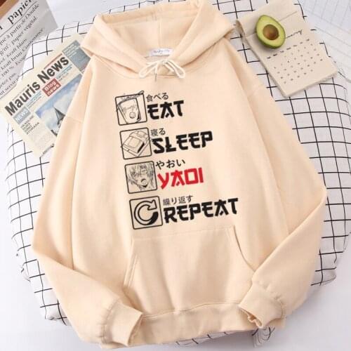Winter Eat Sleep Anime Repeat Sweatshirt Men and Womens Hoodies Harajuku Warm Pullover Drawstring Pink Womens Japanese Style