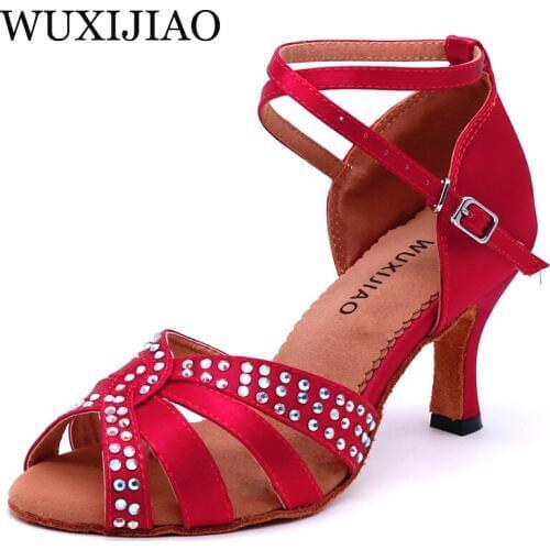 WUXIJIAO New wine red Satin Latin Dance Shoes Women Salsa Rhinestone Shoes Dance For Woman Ballroom Dancing Shoes heel 5cm-10cm