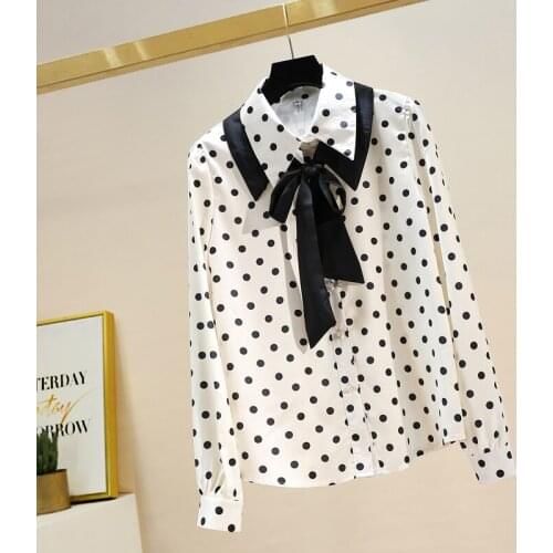 Satin Blouse Female Autumn 2021 New Fashion Temperament Lapel Long-sleeved Bow Tie Blusa Polka-dot Shirt DK1421