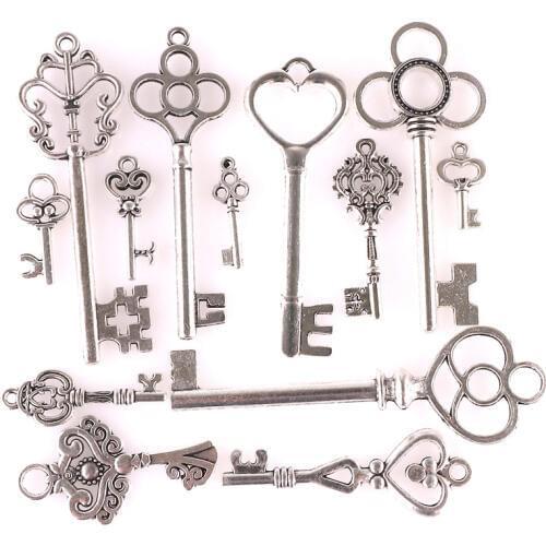 12pcs/lot Vintage Silver Brass Metal Mixed Each Different Key Charms DIY Handmade Jewelry Decoration Key Pendant Charms