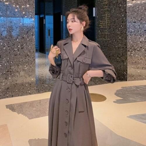 French Elegant Single-breasted Long Windbreaker Jacket For Women 2021 Autumn Over Knee Fashion Belt Waist Lady Dress Coat aq1148