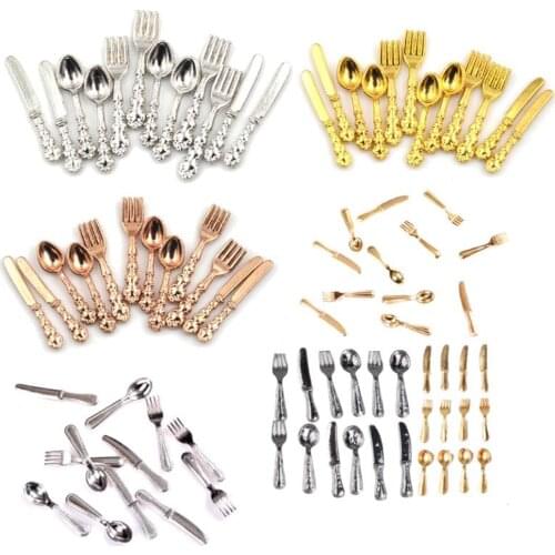 3/12Pcs/set Vintage Dollhouse Miniatures Tableware Mini Cutlery Knife Fork Spoon Childrens Toy For Doll House Decor Kitchen Toys