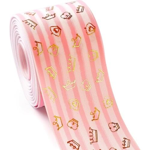 3Inch 2 yards Gold Foil Printed Noble Crown Grosgrain Ribbon for Some Festival or Party