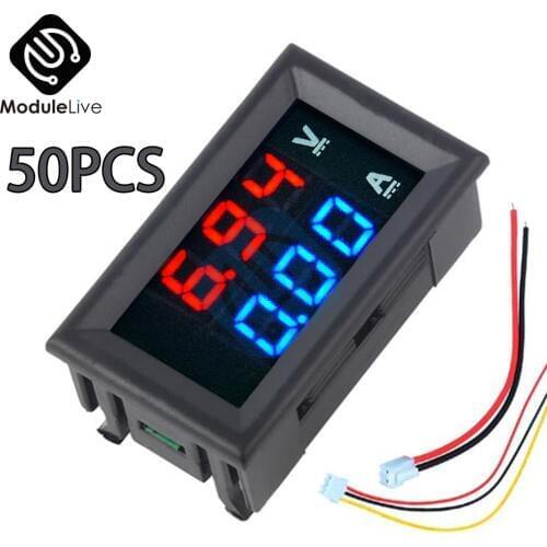 50PCS Mini Digital Voltmeter Ammeter DC 100V 10A 0.56" 0.56 Inch Panel Current Voltage Meter Tester Blue Red Dual LED Display