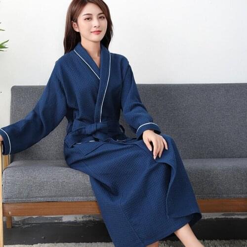 100% Cotton Waffle Bathrobe Men Women Couple Nightgown Hotel Bathrobes Plus Size Spring Bathrobes Sleepwear Nightwear HB980