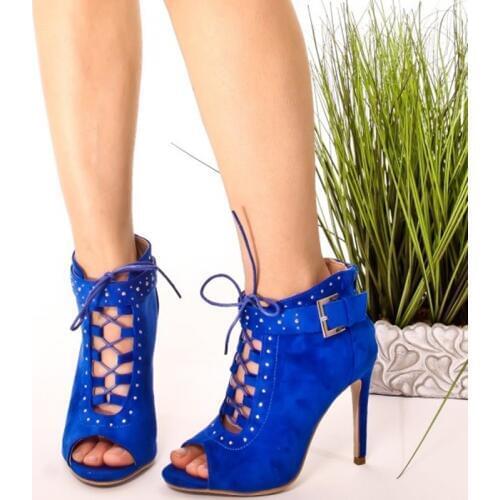Cobalt Blue Ankle Booties Peep Toe Studs Suede Lace up Boots High Heels Stiletto Hollow Sexy Shoes Buckle Rivet Decor Cross Tie