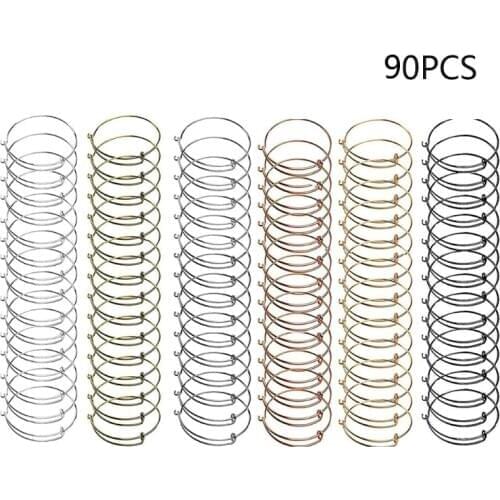 90Pcs 6 Colors Expandable Charms Bracelets Adjustable Wire Stainless Steel Blank Bangle Jewelry Making