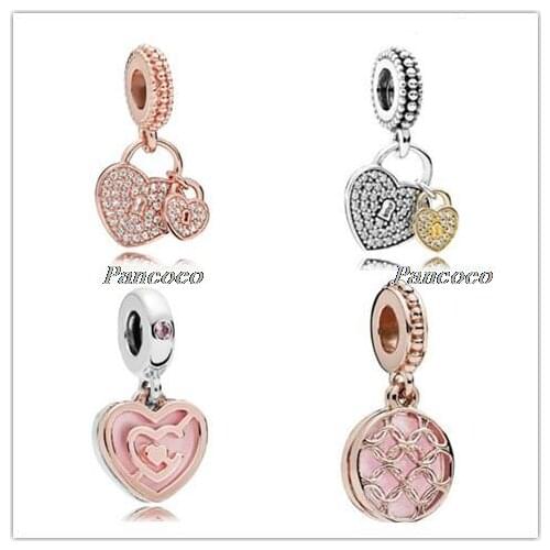 925 Sterling Silver Bead Charm Rose Gold Love Heart Lock With Crystal Beads Fit Pandora Bracelet & Necklace Jewelry