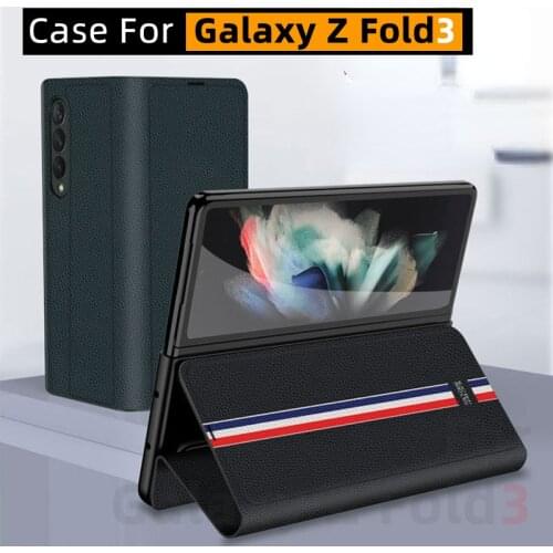 For Galaxy Z Fold 3 Case, Galaxy Z Fold3 Case, Ultra-Thin Genuine Leather Drop-Resistant Bracket Protective Shell