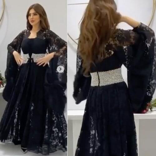 Black prom dresses 2021 v neck long sleeve black lace long sleeve a line long evening dresses gowns