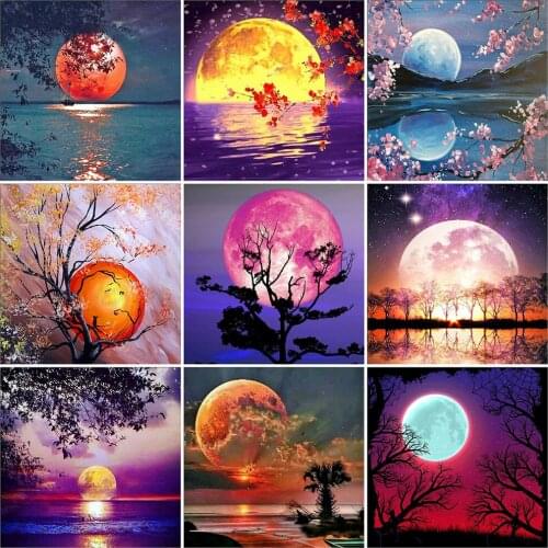 KAMY YI Night View Lake Red Moon Landscape Diamond Painting Cross Stitch Full Diamond Embroidered Mosaic 5D Diy Home Decoration
