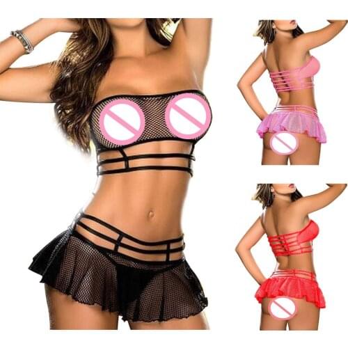 Sexy Lingerie Corset Hollow out mesh outfits Top Bra+skirt+thong set Dress for Women hot erotic fishnet sex clothes dancerwear