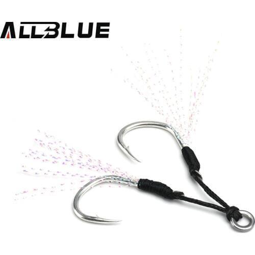 ALLBLUE 4pairs/lot Metal Jig Assist Hook With PE Line Feather Solid Ring Jigging Spoon Saltwater Fishhook for 5-80g Lure