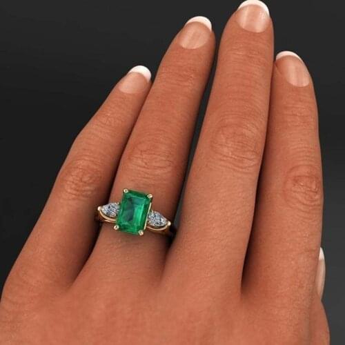 Trendy Luxury Popular Green Cubic Square Crystal Gold Color Female Ring for Women Engagement Wedding Jewelry Accessories