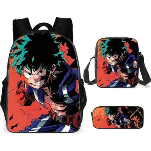Fashion Anime My Hero Schoolbag Travel Backpack Shoulder Bag Pencil Case Three-Piece for Kids Students