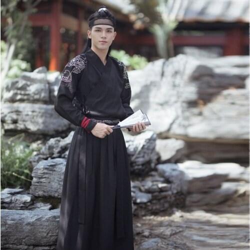 Mens bow dress long sleeve Han Dynasty suit mens ancient martial arts black cross collar top skirt two piece set