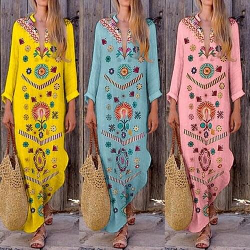 2019 New Vintage Women Maxi Floral Dress Bohemian Party Beach Long Sleeve Sundress Summer Deep V Neck Print Vestidos Plus Size