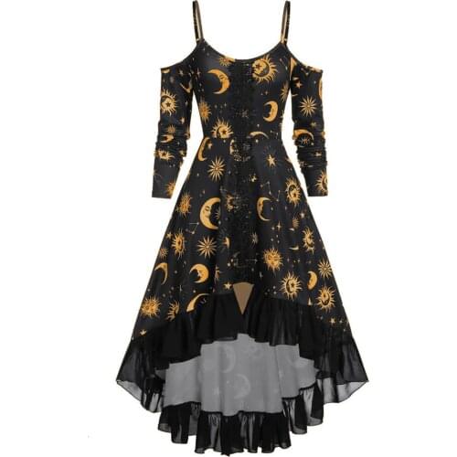 New Casual Girl women dresses Patchwork strapless lace dress black sun moon star printing Elegant Female fall empire dress#G7