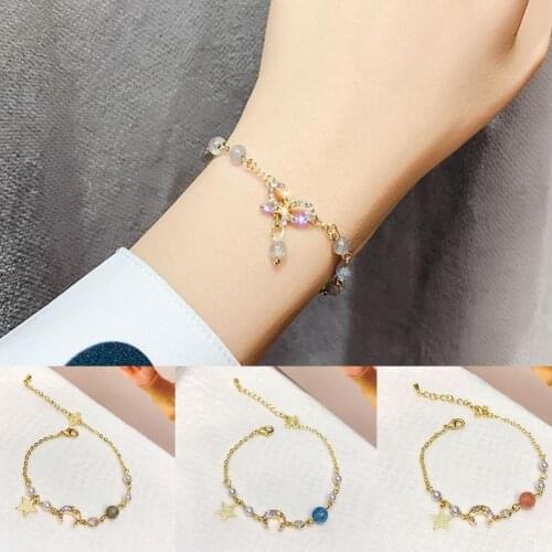 Simple Fashion Adjustable Alloy Moon Star Pendant Beaded Faux Pearl Couple Thin Bracelet for Anniversary