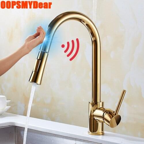 Touch Sensor Kitchen Faucet Sink Hot Cold Mixer Gold Tap Flexible Pull Out Copper Kraan Single Hole Deck Mount Golden Torneiras