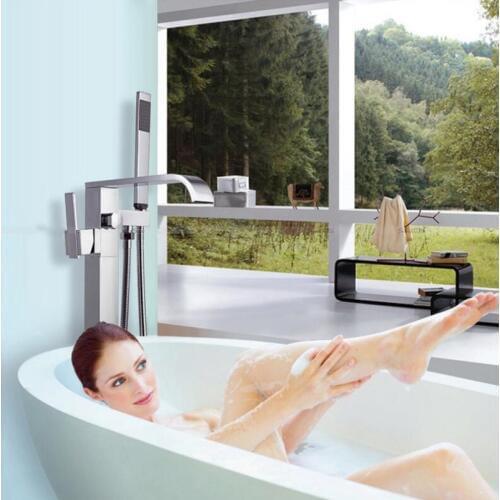 Modern Floor Decked Bathtub Faucet Tub Filler Fashion Chrome Finished Floor Mount with Hand shower Bathtub Mixer Taps Square