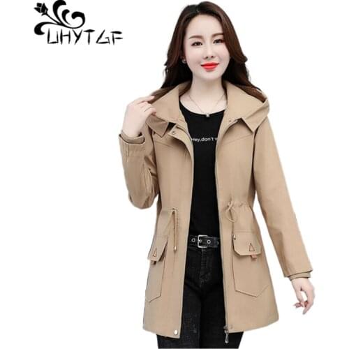 UHYTGF Womens Trench Coat Hooded Casual Spring Autumn Windbreaker Female Overcoat Korean Wild Thin 4XL Plus Size Outerwear 1559
