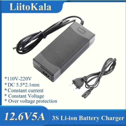 Liitokala 12.6V 5A 3A 1A Lithium Battery Charger 3 series lithium Cbattery 12V battery charger+US EU AC power cord
