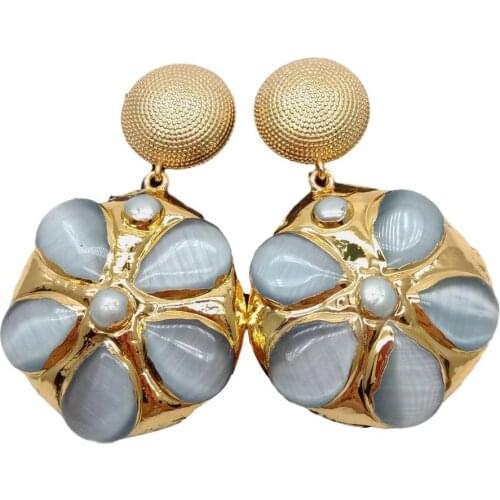 Trendy Natural High Quality White Pearl Teardrop Gray Cat Eye flower Dangle Earrings Ladies Earrings For Womens Gifts