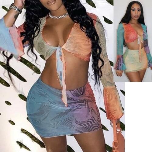 SKMY 2021 Summer Net Yarn New Long-Sleeved Cardigan Knotted Top Printed Skirt Suit Woman Shopping Fashion Sexy Two-Piece Suit