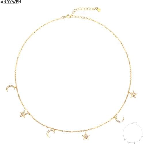 ANDYWEN 925 Sterling Silver Gold Star Moon Charm Pendant Choker Necklace Chains Women Luxury Crystal Fashion Fine Jewelry